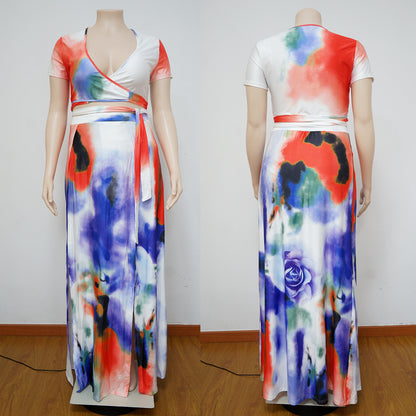Digital Printed Sexy Loose Split Skirt Short Sleeve Two-piece Set