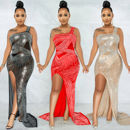 Nightclub Hot Rhinestone Single Sling Slit Long Skirt Dress