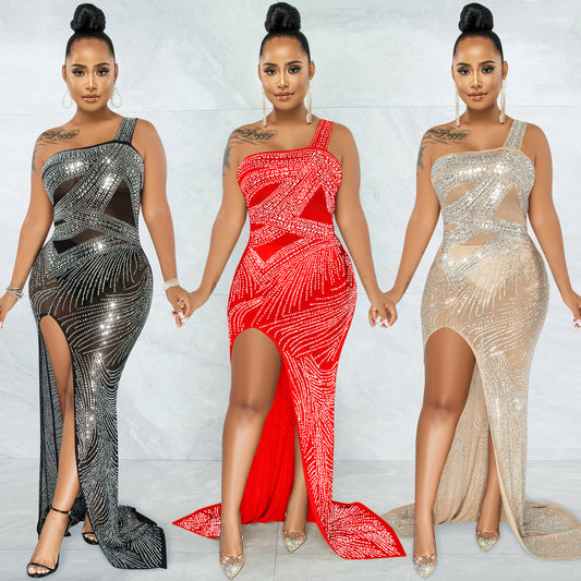 Nightclub Hot Rhinestone Single Sling Slit Long Skirt Dress