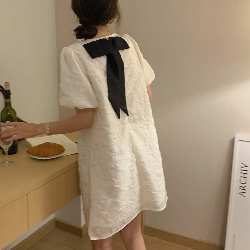Design Sense Amoi Round Neck Hot Rhinestone Bubble Short-sleeved Dress SmallA-line Skirt