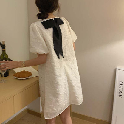 Design Sense Amoi Round Neck Hot Rhinestone Bubble Short-sleeved Dress SmallA-line Skirt