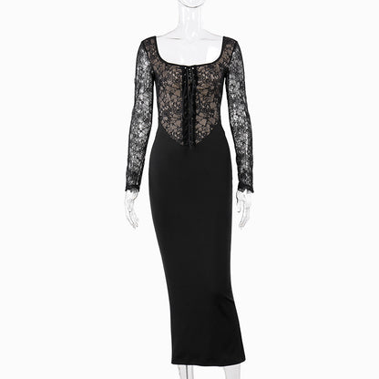 Hot Girl Temperament Slim Vest And Long Sleeve Lace Stitching Tied Dress