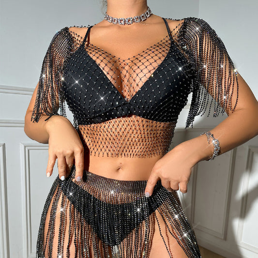 Sexy Beach Mesh Rhinestone Transparent Suspender Fishnet Suit Skirt