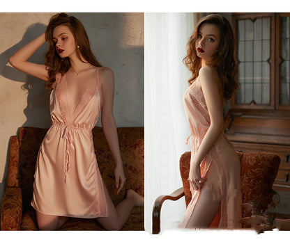 Femme grand col en v beauté dos fronde haute fente chemise de nuit Lingerie Sexy