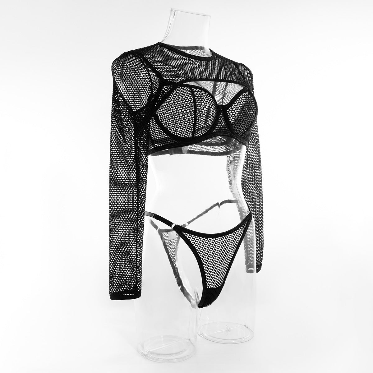 Blusa de manga larga Malla Hueca Lencería sexy Sujetador de tres piezas Chaleco corto Traje superior