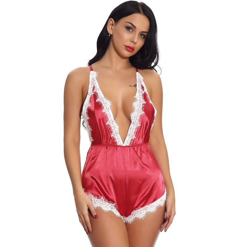 Lingerie Sexy Satin Dentelle Pyjama Sexy Dos Croisé Stretch