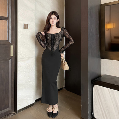 Hot Girl Temperament Slim Vest And Long Sleeve Lace Stitching Tied Dress