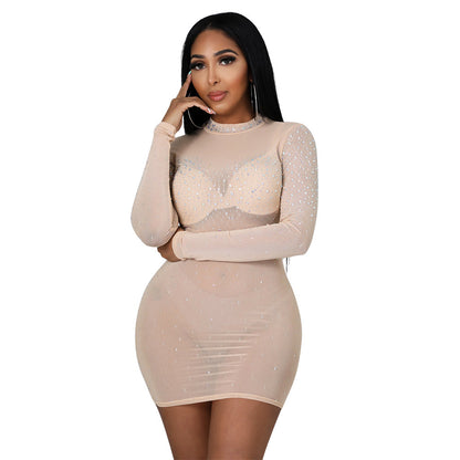 Sexy Net Yarn Nightclub Hot Rhinestone Long Sleeve Dress