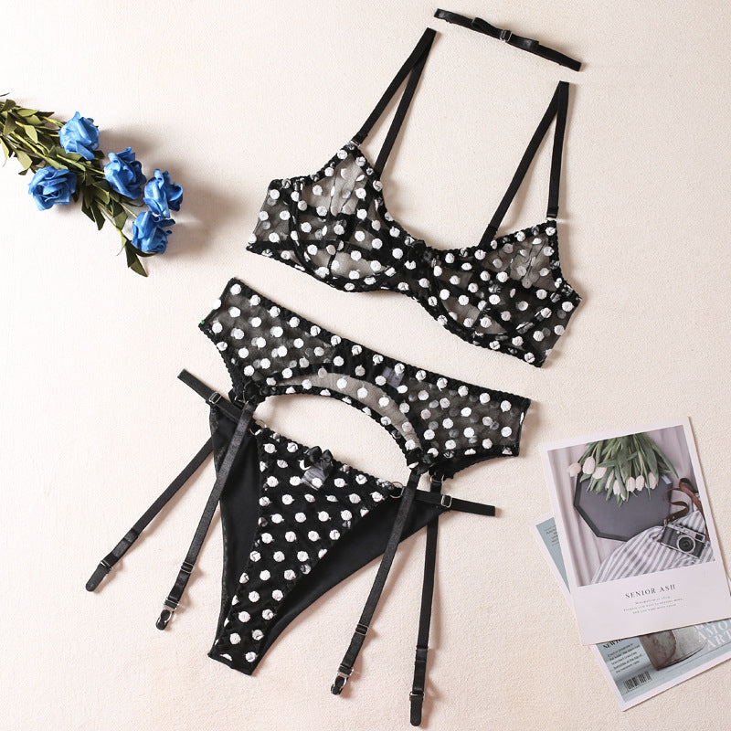 Polka Dot Lingerie Four-piece Set With Scarf Waist Bow Ultra-thin See-through Underwear