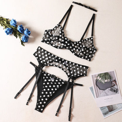 Polka Dot Lingerie Four-piece Set With Scarf Waist Bow Ultra-thin See-through Underwear