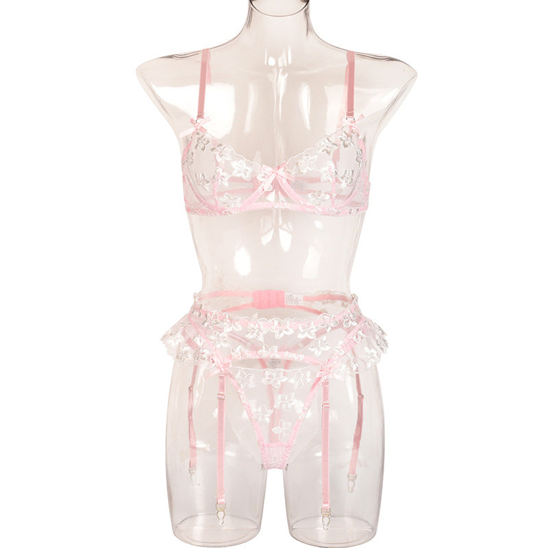 European And American  Lingerie Women's Three-piece New Product Flower Embroidery With Steel Ring