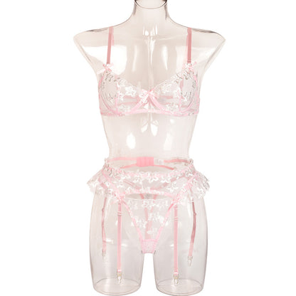 European And American  Lingerie Women's Three-piece New Product Flower Embroidery With Steel Ring