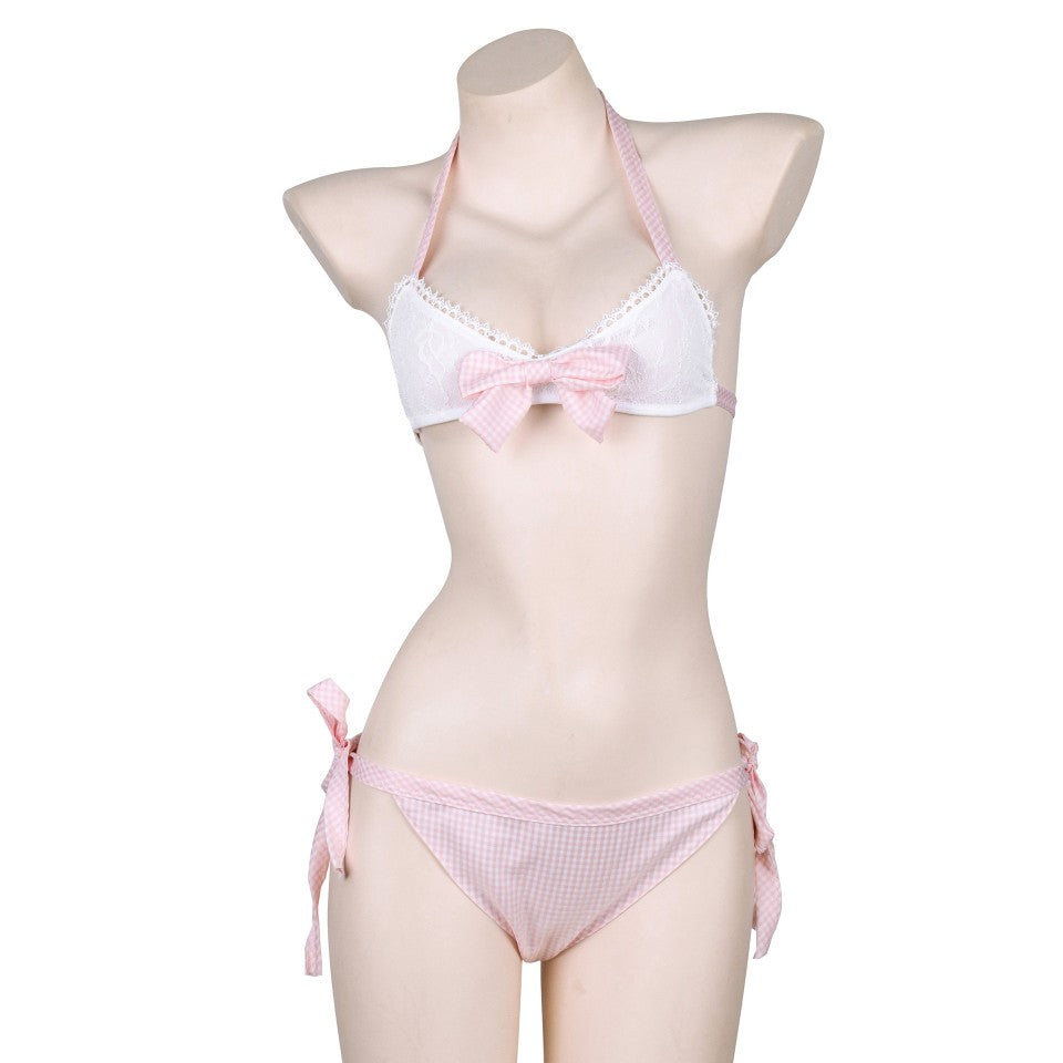 Lingerie Halter Strap Plaid Lace Bikini