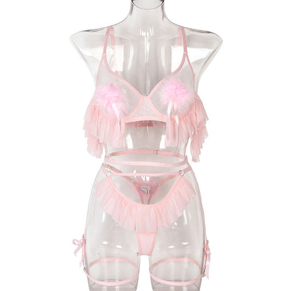 Conjunto de lencería de malla cómoda transparente con falda plisada y pompones