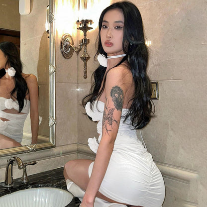 Hot Girl Slim-fit Pure Style Slim Fit Skirt Three-dimensional Flower Cutout Tube Top Dress