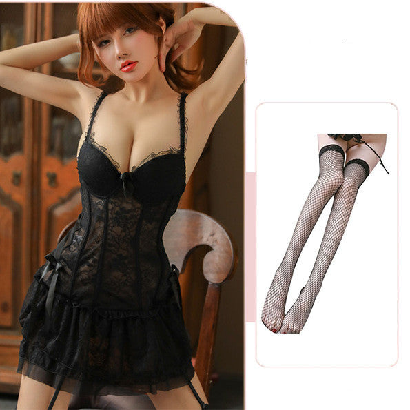 Lencería sexy encaje fruncido con aros falda con tirantes