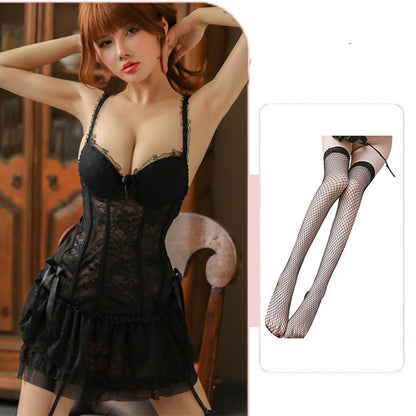 Lencería sexy encaje fruncido con aros falda con tirantes