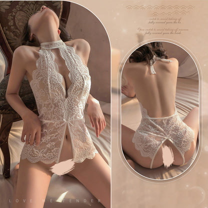 Conjunto de body de encaje con lazo halter de lencería para mujer