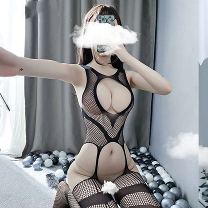 Mono todo en uno con liguero de malla ahuecado a rayas de Fun Lingerie