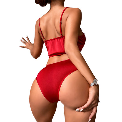Conjunto de dos piezas de lencería de encaje rojo para mujer