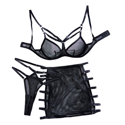 Sheer Mesh Steel Ring Push Up Hollow Sheath Short Skirt Sexy Lingerie Three-piece Set