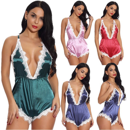 Lingerie Sexy Satin Dentelle Pyjama Sexy Dos Croisé Stretch