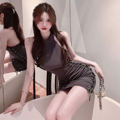 Lace Up Halter Dress Feminine Pure Lust Temperament Hot Girl Bag Hip Skirt