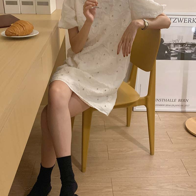 Design Sense Amoi Round Neck Hot Rhinestone Bubble Short-sleeved Dress SmallA-line Skirt