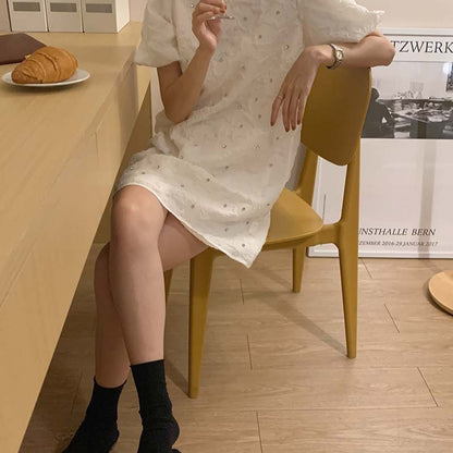 Design Sense Amoi Round Neck Hot Rhinestone Bubble Short-sleeved Dress SmallA-line Skirt