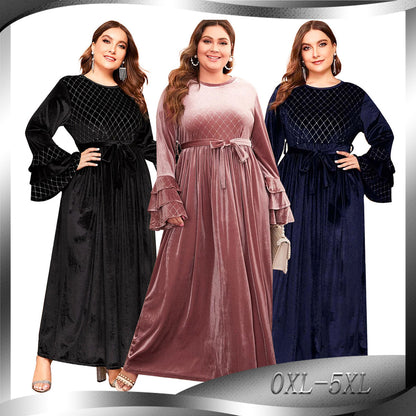 Fashion Oversized Women's Hot Stamped Flare Sleeves Golden Velvet Casual Dress