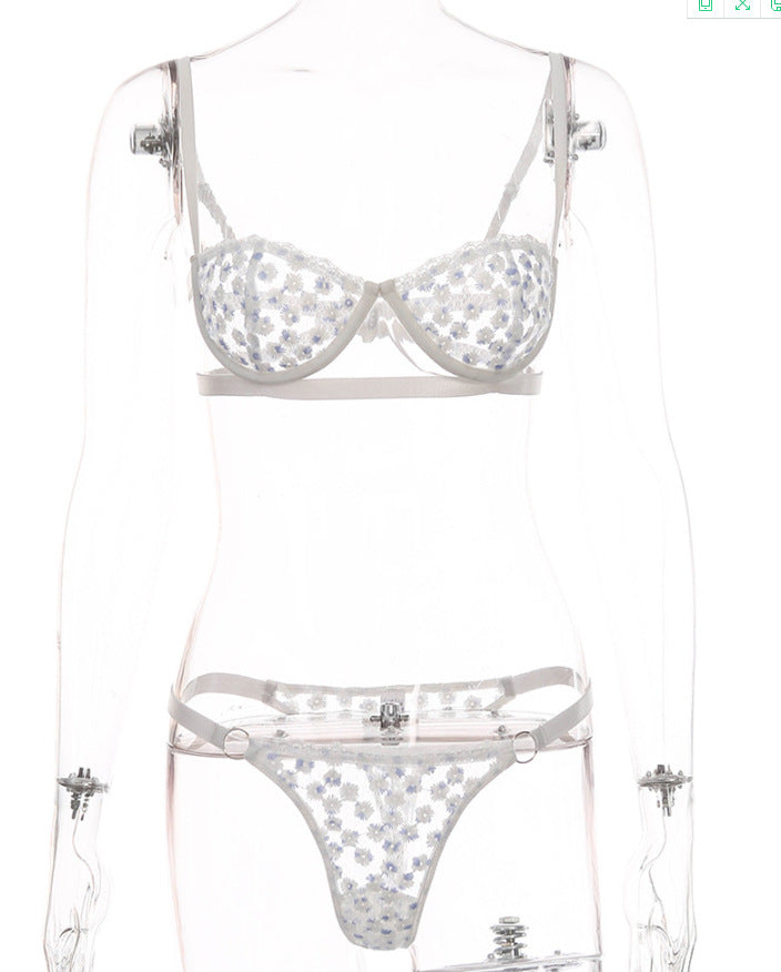 Conjunto De Lencería Sexy Con Flores Bordadas Fruncidas