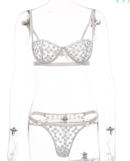 Conjunto De Lencería Sexy Con Flores Bordadas Fruncidas