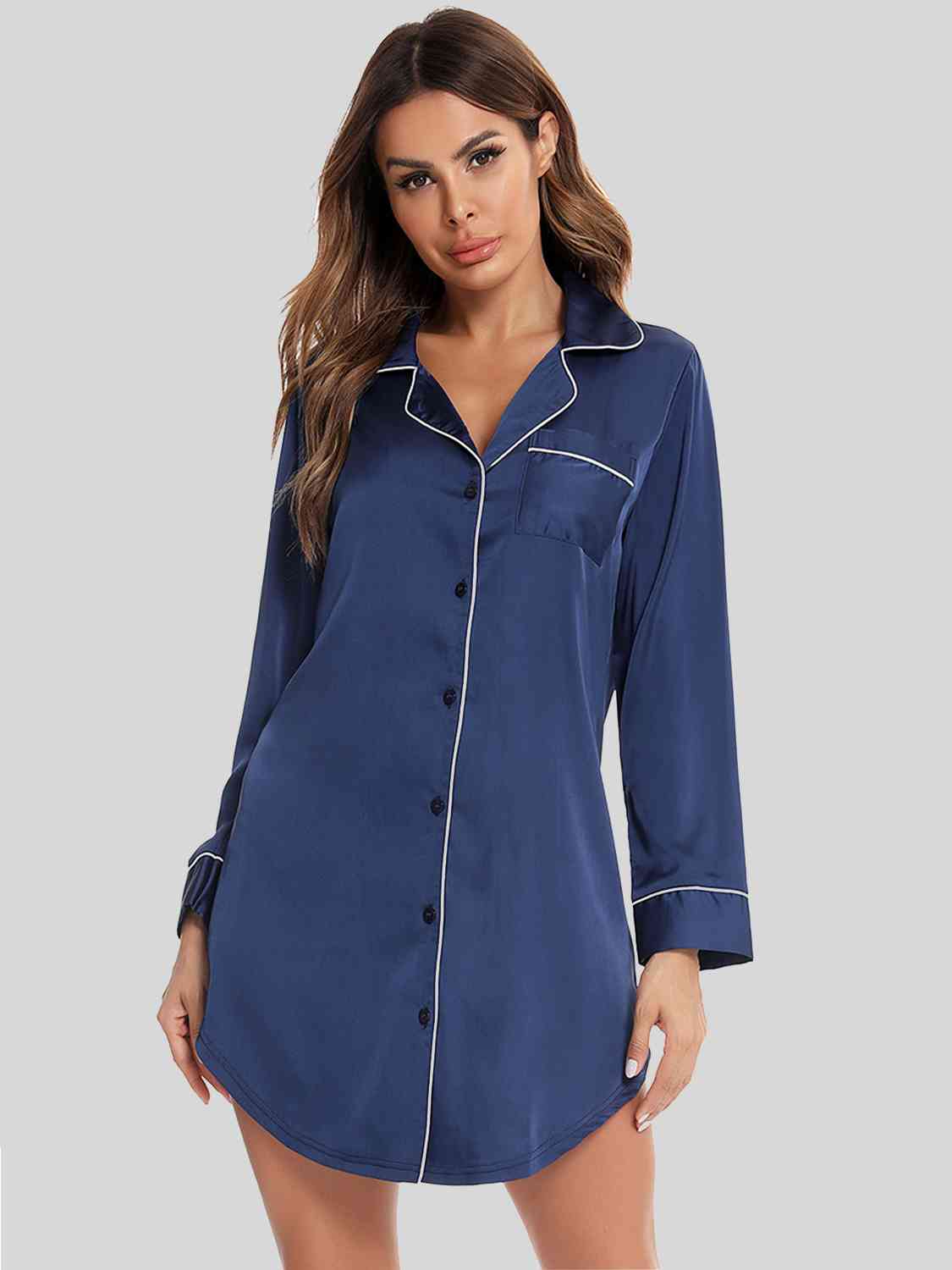 on Up Lapel Collar Night Dress with Pocket