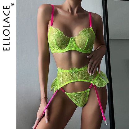 Neon Lingeries For Woman Romantic Bilizna  Transparent Intimate Sensual Pink Lace Bra Set Fantasy  Outfits