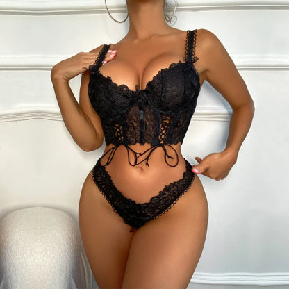 Floral Fancy Lingerie Lace Up Romantic Hot Women Underwear Coordinated Body Lace Beautiful  Bilizna  Intimate