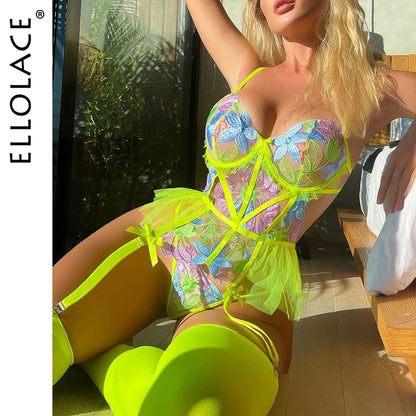 Luxury Lace Bodysuit With Stocking Neon Green Floral Body Ruffle Garter Festival Outfit  Top Tight Fitting Babydoll