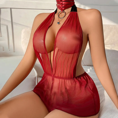 Body fantaisie dos nu, Costume Transparent, décolleté en V profond, tenue de nuit avec dos en dentelle, poupées pour femmes