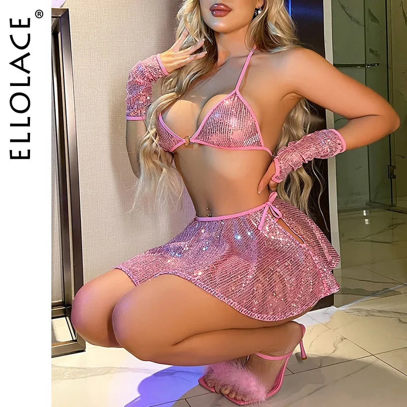 Sequined Nightclub Lingerie 4-Pieces Exotic Girls  Sweets y Skirt With Cuff Glow In The Dark Bra And Thong Set
