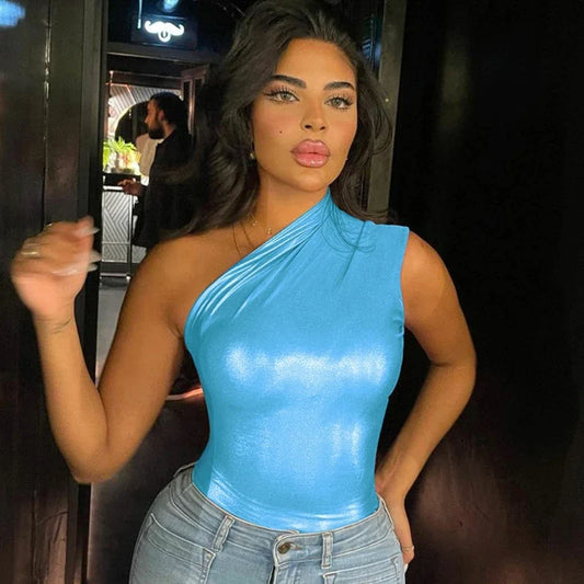 Corsets sans manches, débardeur, body asymétrique épaule dénudée, combinaisons moulantes, couleur unie brillante, barboteuse de Style Tik-tok