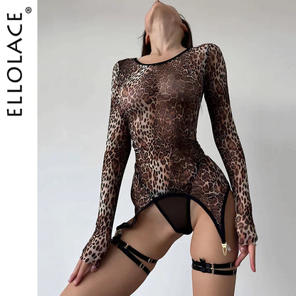 Leopard Body Suit Sexy Animal Print Bodycon Tops Tight Long Sleeve Fantasy Bodysuit Lace  Outfit 2023