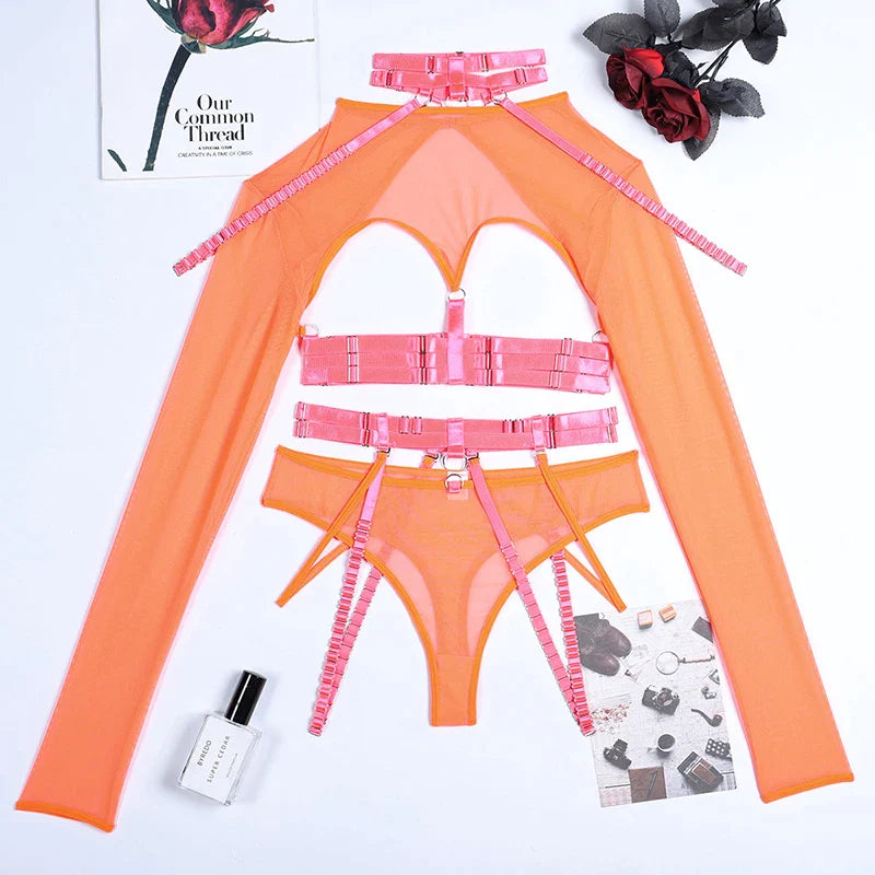 Lingerie Cut Out Top Sheer Lace Transparent Exotic t-Shirts Gothic Sensual Accessories 4-Piece Garter Belt Outfits