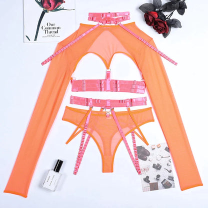 Lingerie Cut Out Top Sheer Lace Transparent Exotic t-Shirts Gothic Sensual Accessories 4-Piece Garter Belt Outfits