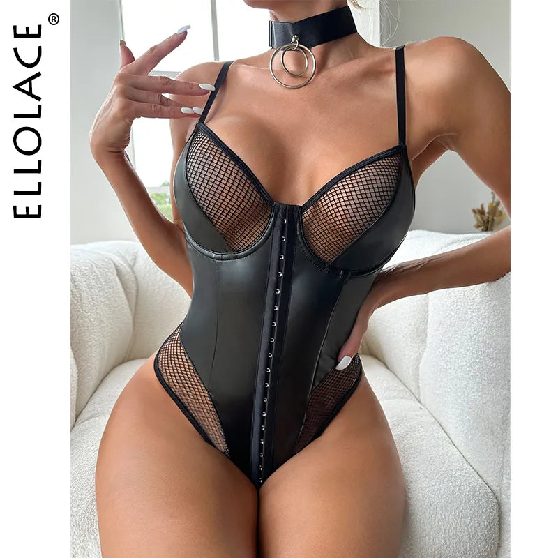 Leather Bodysuit Crotchless Fishnet Patchwork One Piece Black Body Gothic Tight Top Front Buckle Mesh  Pvc Teddy