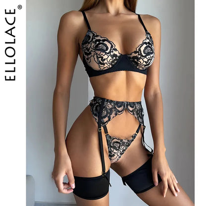 Floral Lingerie Lace Female Underwear Fancy Transparent Bra Seamless 3 Piece Garter Belt Set Exotic Outfits Intimate
