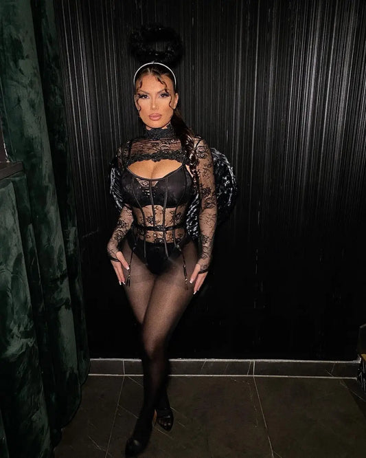 Body en dentelle fantaisie avec hauts courts transparents, tenues romantiques, corps transparent sans entrejambe, corps de boîte de nuit 