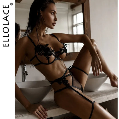 Sensual Lingerie Open Bra  Underwear 3-Piece Uncensored Garter Thongs See Through  Exotic Sets Lace Intimate