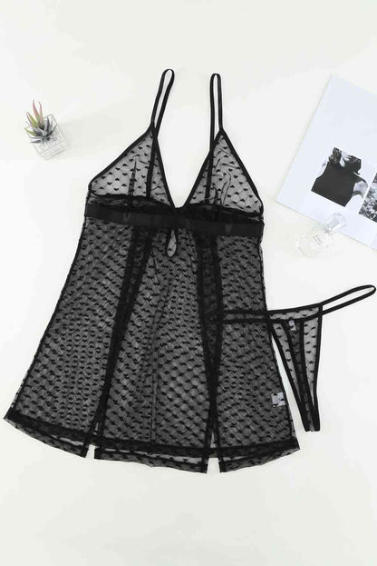 Ensemble de lingerie babydoll à ourlet fendu et imprimé cœur avec string