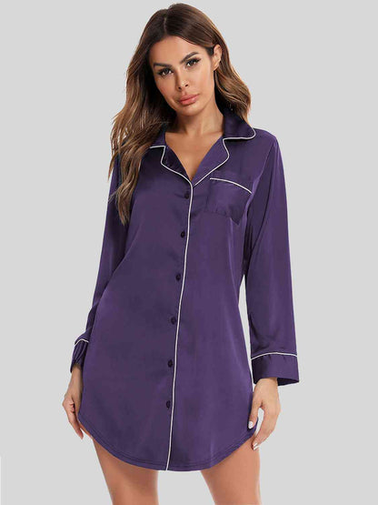 on Up Lapel Collar Night Dress with Pocket